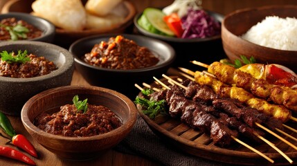 Obraz premium Assorted Indonesian dishes featuring satay and beef rendang delicacies