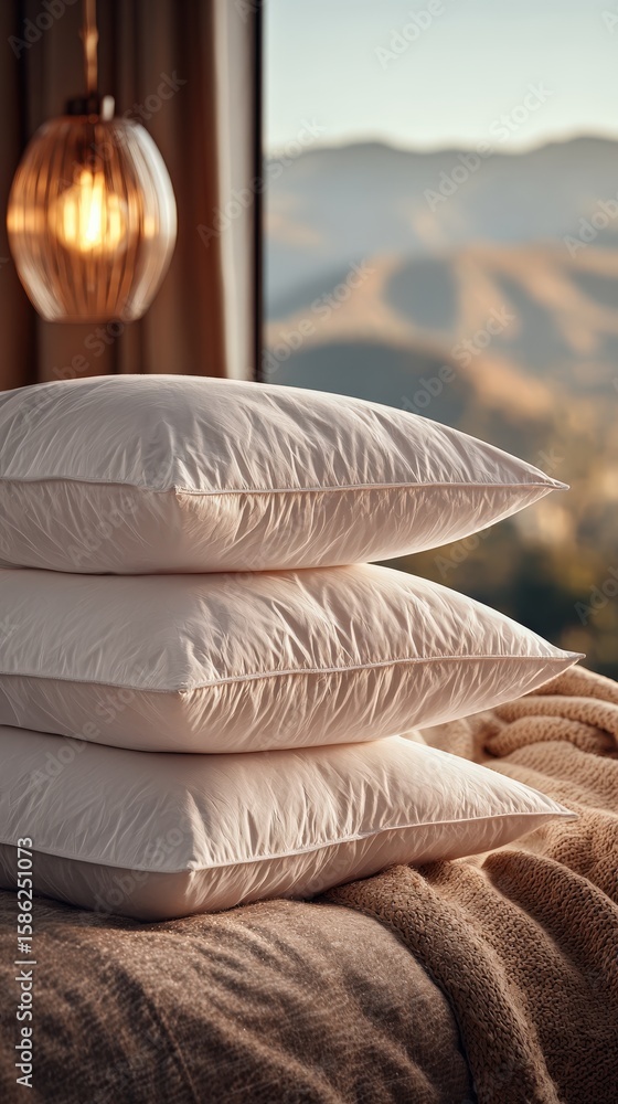 Poster a cozy stack of three white pillows on a textured blanket near a window with a glowing hanging lamp 
