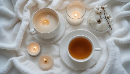 White Self Care Flatlay: Cozy Night Tea, Candles, and Face Mask