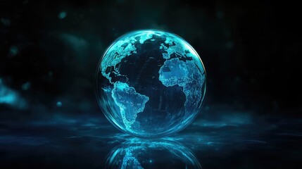 Planet earth globe with continents and oceans with reflection on black background. Save the world, environment and ecology issues concept