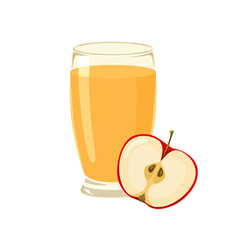 Apple juice in glass and slice of apple. Fresh fruit drink icon. Vector cartoon flat illustration.