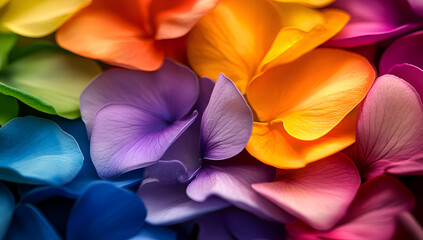 Rainbow flower petals in close up macro view colorful