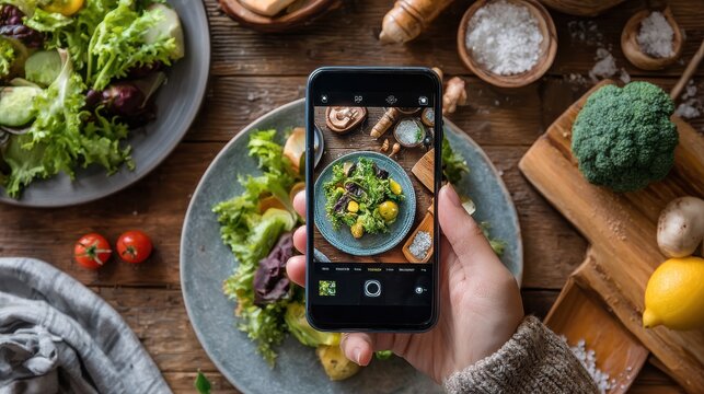 Hand taking a photo of Healthy food with smartphone. Woman using phone mobile apps make digital picture on screen of diet nutrition Vegetarian salad on table, top view