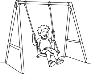 Continuous line art drawing of happy child playing on swing in park, minimalist outdoor fun vector illustration

