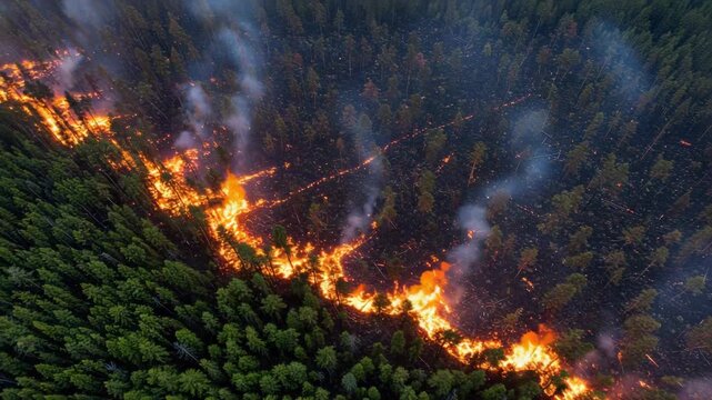 Forest fire in wilderness with bright flames burning trees and smoke. Devastating forest fire spreads rapidly destroying trees and wildlife habitats, causing environmental damage.