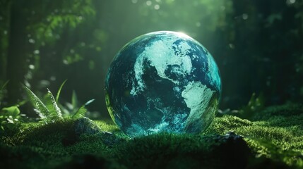 Planet earth globe with continents and oceans on the forest background. Save the world, environment and ecology issues concept