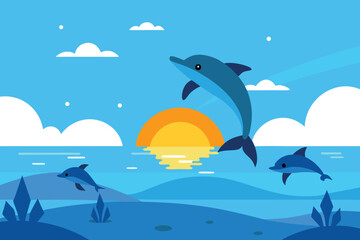 Obraz premium Three playful dolphins leap and swim in the ocean at sunset, enjoying a vibrant marine landscape.