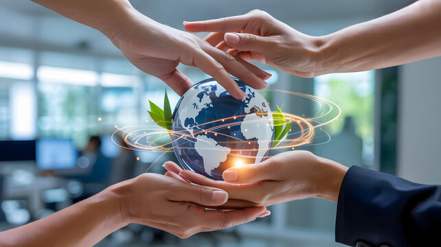 Hands holding and protecting a globe with green leaves, representing environmental care and global sustainability.