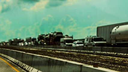 Fototapeta premium Stretched, abstract wide view of a traffic jam on a multi-lane highway with a tinted blurred view. Hot summer day transportation background with copy space.