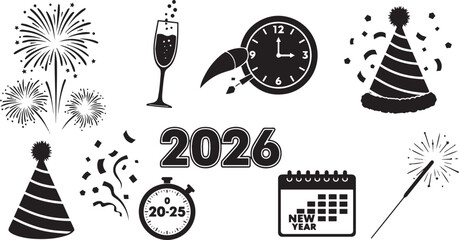 New year s eve celebration icons for 2026 with fireworks and party hats