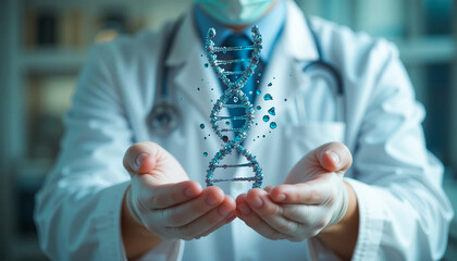 Doctor holds a DNA strand in his hands, showcasing medical research and genetic engineering advancements.