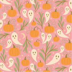Playful Halloween Pattern with Ghosts, Pumpkins, and Vines on Pink Background