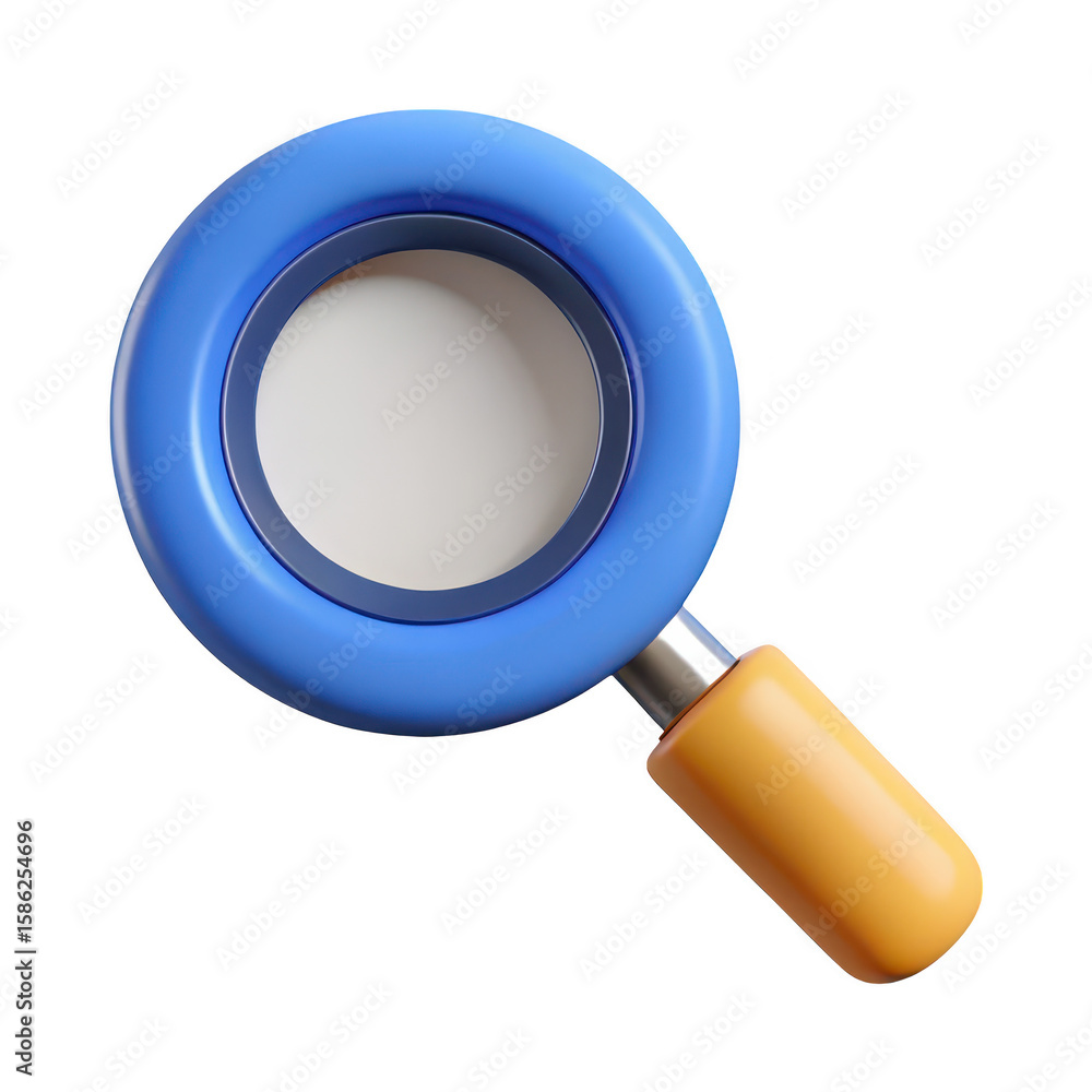 Fototapete stylized 3d rendering of a magnifying glass with a blue rim and orange handle isolated on transparen