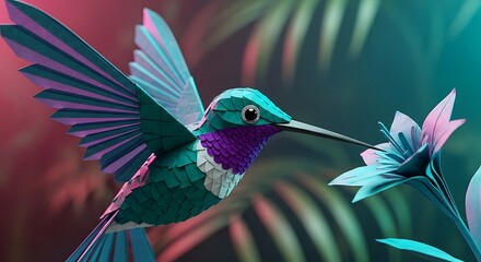 Obraz premium A vibrant teal and purple origami hummingbird hovers near a delicate paper flower, amidst stylized foliage.
