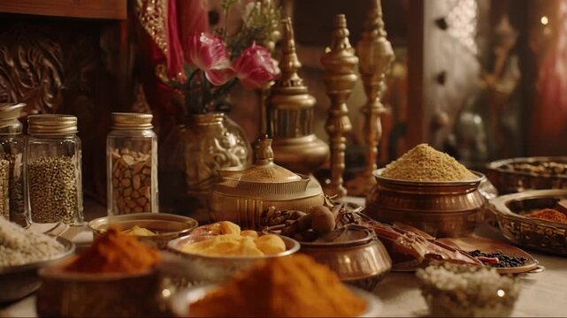Assorted spices and herbs arranged in decorative containers on table  