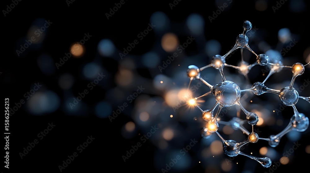 Poster glowing molecular structure with interconnected nodes and bonds against dark background, illuminated