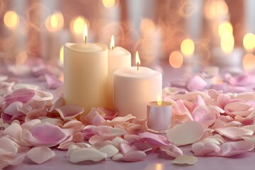 Romantic background with soft rose petals and glowing candles for spa, wellness, or Valentine’s Day theme. Spa background. Massage. Relax. Spa promotions. Romantic events. Self-care or luxury branding