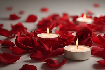 Romantic background with soft rose petals and glowing candles for spa, wellness, or Valentine’s Day theme. Spa background. Massage. Relax. Spa promotions. Romantic events. Self-care or luxury branding