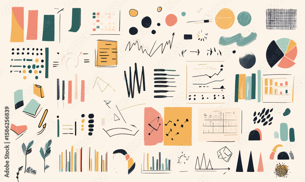 Poster hand drawn abstract business charts sketches collection with graphs, diagrams, data visualization el