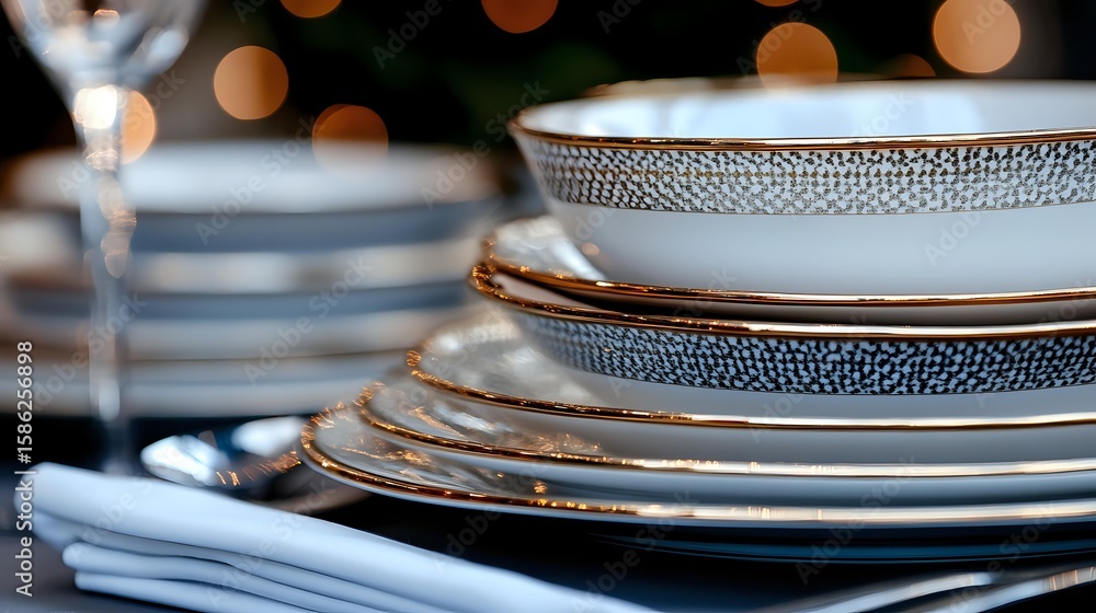 Poster stack of elegant porcelain plates with delicate silver trim pattern and wine glass against dark back