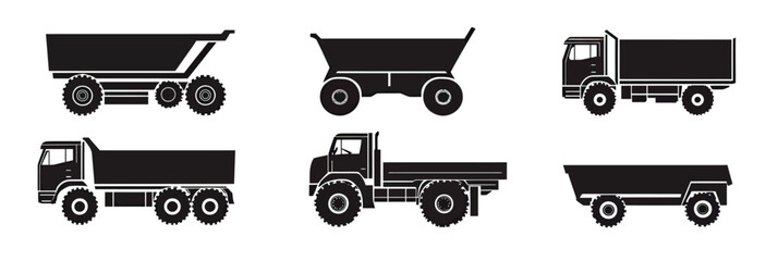 Set of six black silhouette heavy dump trucks and construction haul vehicles side view flat minimalist vector icons for industrial transport and earthmoving equipment concepts