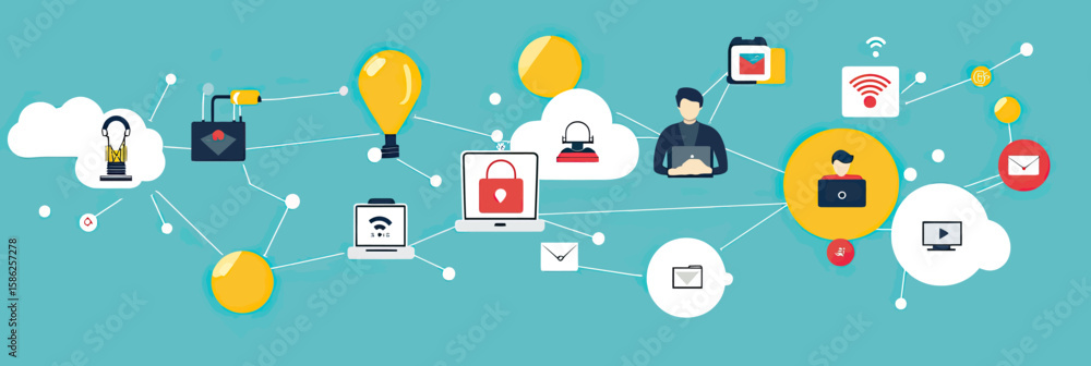 Poster connected online communication technology network with diverse people using laptops tablets cloud co