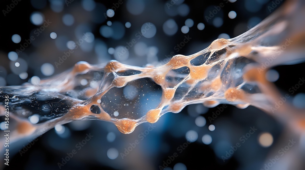 Poster glowing orange and blue abstract network structure with connected nodes and light effects on dark ba