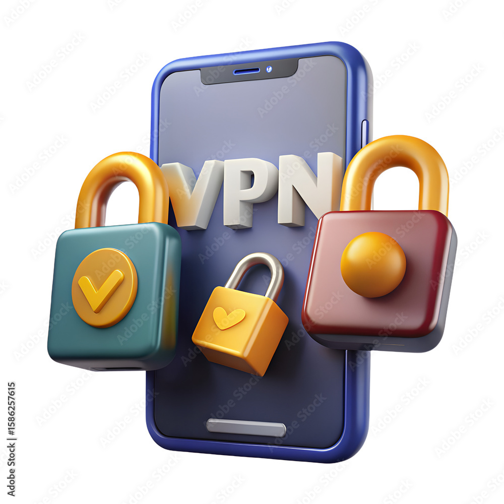 Fototapete 3d mobile phone with vpn text and padlocks technology security png file isolated on transparent back