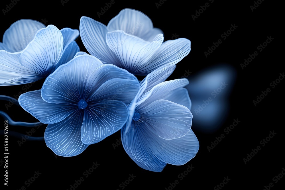 Poster delicate blue flowers with translucent petals glowing against dark background create ethereal mood. 