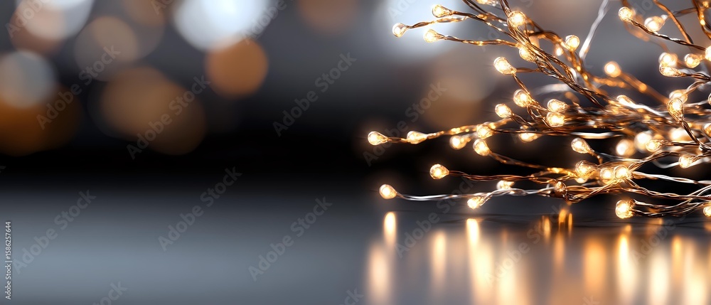 Aufkleber glowing warm led string lights creating magical bokeh effect on reflective surface against dark back