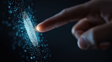 Close up of finger unlocking a device with biometric fingerprint scan for digital security and data access