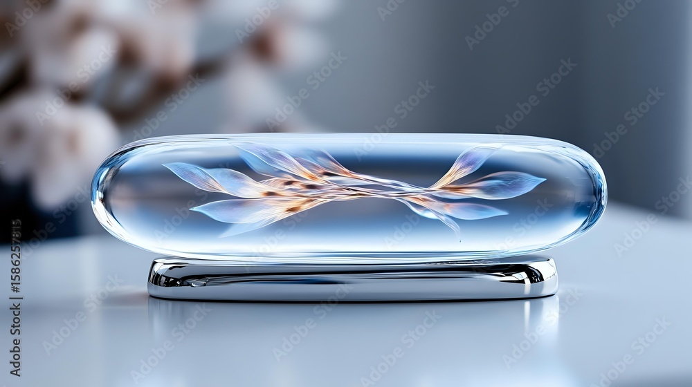 Poster glowing digital wave pattern trapped inside transparent glass tube on metallic surface, futuristic t
