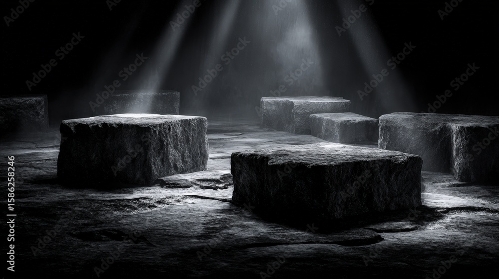 Aufkleber ancient stone blocks under dramatic light beams on a rough surface, creating a mysterious and timele