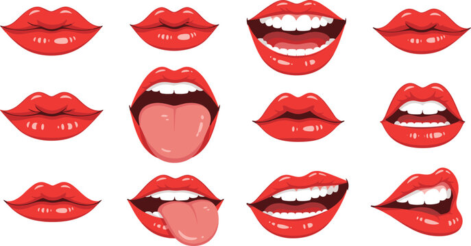 Red lips collection. Vector illustration of sexy woman's lips expressing different emotions, such as smile, kiss, half-open mouth, biting lip, lip licking, tongue out.
