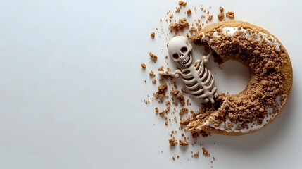 Fototapeta premium Playful skeleton figure emerging from chocolate crumble donut on white background, creative Halloween food concept for bakery and seasonal treats.