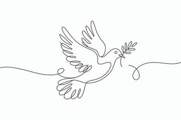 Elegant single line drawing of a dove carrying an olive branch silhouette isolated on white background