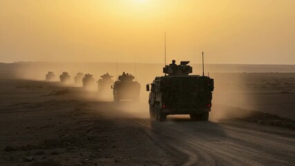 Military vehicles on the road in arid landscape, showcasing mobility and force, Military vehicles convey strategic importance. These Military vehicles symbolize strength in challenging terrain.