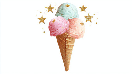 Ice cream cone with three scoops in pastel colors and glitter stars, birthday dessert, transparent background