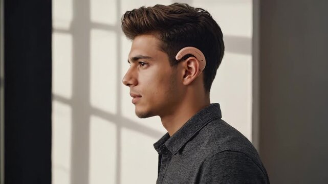 Young Man With Cochlear Implant Facing Side View in Natural Light

