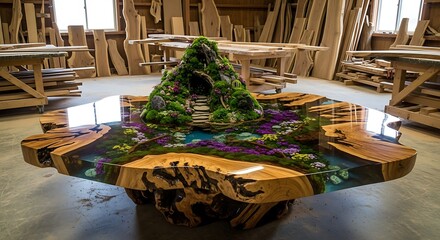 An intricate live-edge wood coffee table featuring a miniature mossy hobbit house set in a clear epoxy resin river.