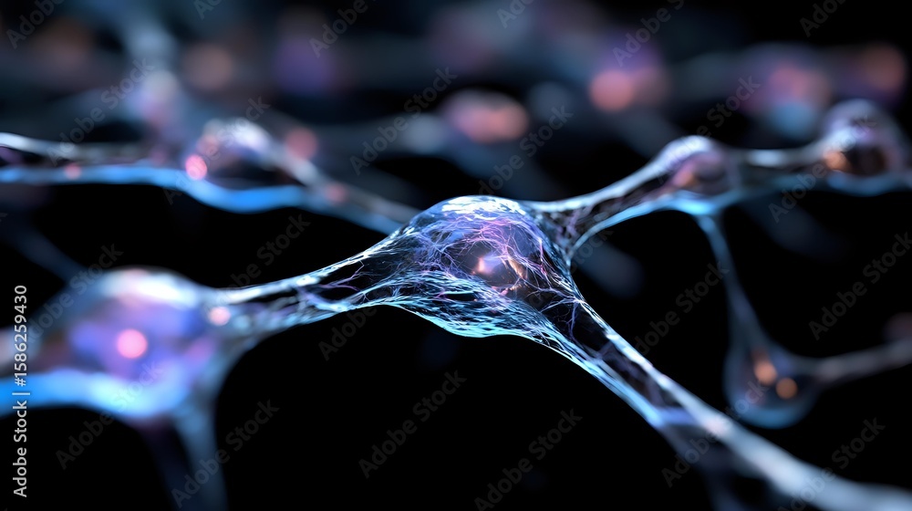 Poster glowing neural network visualization with blue and pink light effects showing synaptic connections a