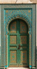 Ornate Moroccan Door with Intricate Arabic Patterns, Colorful Tilework, and Islamic Architectural Details Illuminated by Warm Sunlight