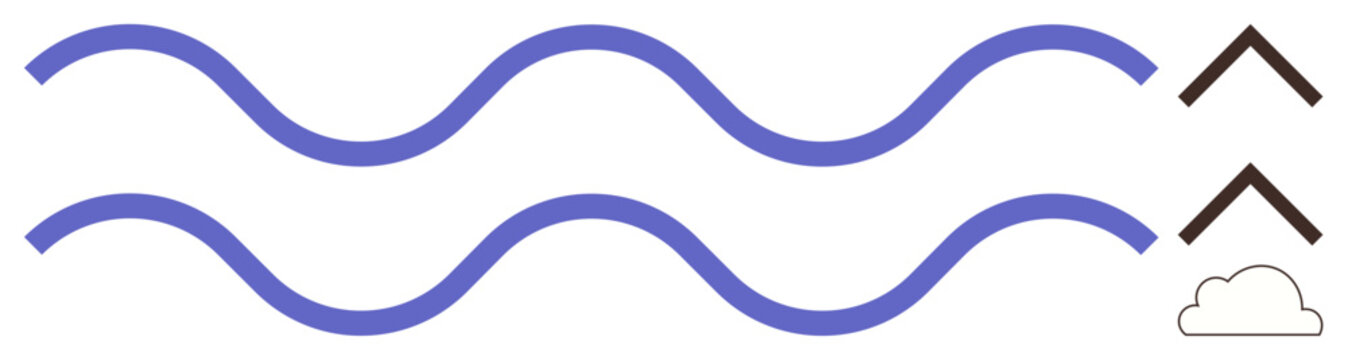 Three wavy blue lines parallel to each other, two upward black arrows, and a small outlined cloud. Ideal for direction, weather, movement, navigation, flow simplicity and minimalism. Clean flat