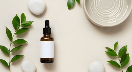 Flatlay of Amber Dropper Bottle with Greenery and Blank Label for Branding