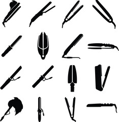 Obraz premium Hair Styling Tools Collection: Flat Irons, Curling Wands, and Straighteners. A comprehensive vector illustration set of various hair care appliances for beauty salons, personal grooming, and fashion.