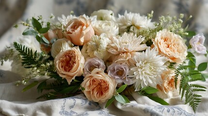 A calming blend of pale peach roses, soft lavender, and creamy white chrysanthemums, intertwined with green ferns and eucalyptus.