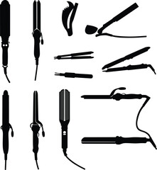 Hair Styling Tools Collection: Flat Irons, Curling Wands, and Straighteners. A comprehensive vector illustration set of various hair care appliances for beauty salons, personal grooming, and fashion.
