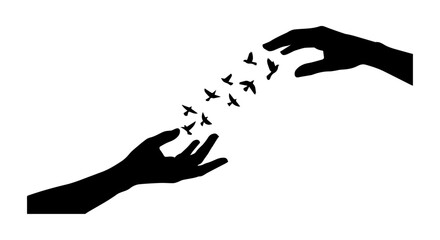 Obraz premium Vector art of silhouetted hands releasing a flock of birds into the sky isolated on transparent background