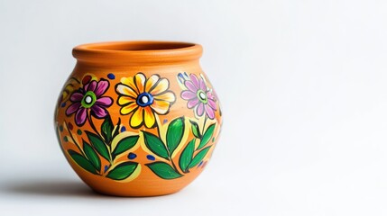 Ceramic clay vase jar with colourful floral ornament isolated on white background with copy space. Traditional ornamental pottery design