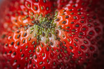 An extreme close-up of the center of a strawberry, showing green and brown seeds embedded in the...